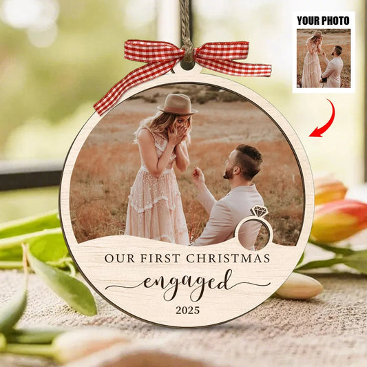 Personalized First Christmas Engaged Ornament with Photo, Custom Couple 2 Layer Wood Keepsake, Engagement Gift for Fiancé Fiancée