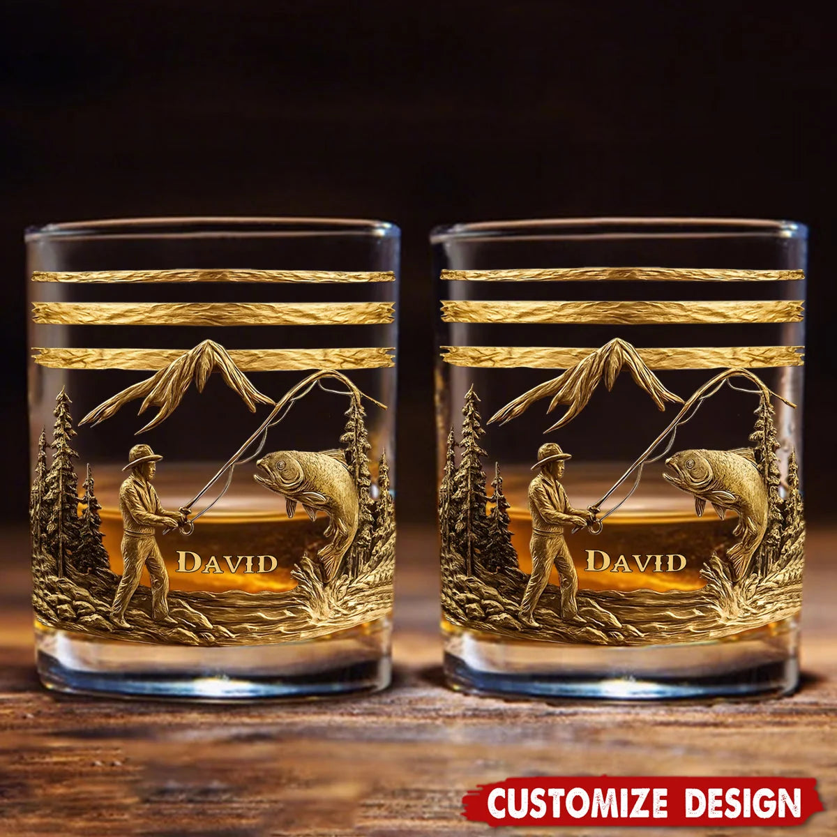 Personalized Fishing Whiskey 3D Effect Glass with Name, Custom Fisherman Rocks Glass, Fishing Gift for Dad Husband Boyfriend Angler