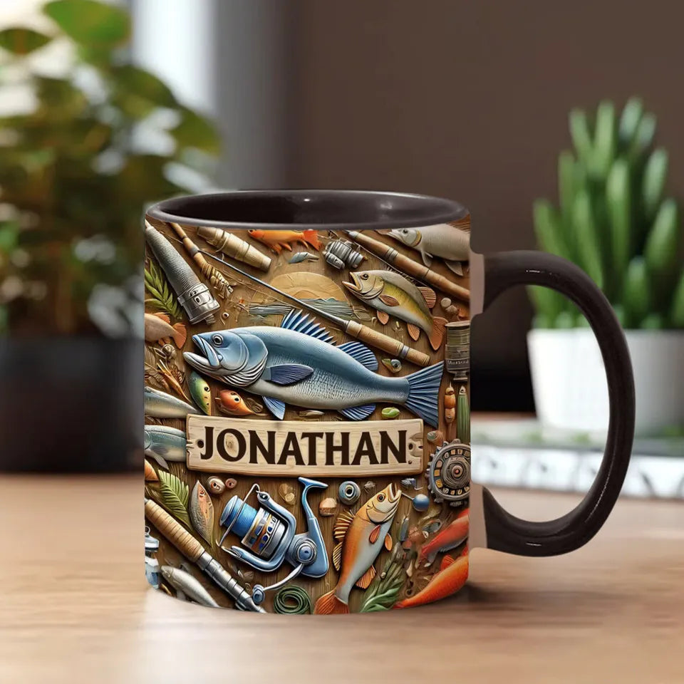 Personalized Fishing Accent Mug, Custom Fisherman Ceramic Coffee Cup, Gift for Fisherman Dad Husband Grandpa Angler Fishing Lover