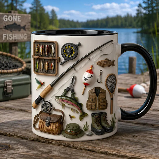Personalized Fishing Mug with Name, Custom Fisherman Gone Fishing Ceramic Coffee Cup, Gift for Fisherman Dad Husband Boyfriend