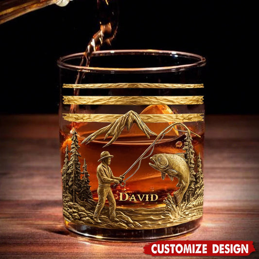 Personalized Fishing Whiskey 3D Effect Glass with Name, Custom Fisherman Rocks Glass, Fishing Gift for Dad Husband Boyfriend Angler