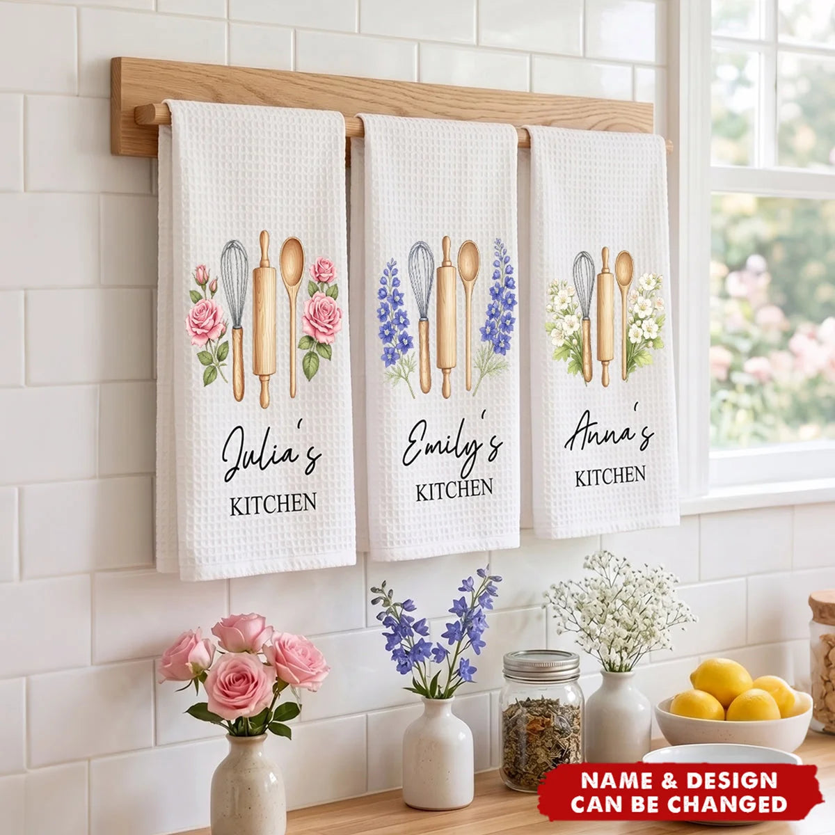 Personalized Birth Month Flower Kitchen Towel with Name, Custom Floral Microfiber Tea Towel, Gift for Mom Grandma Wife Her