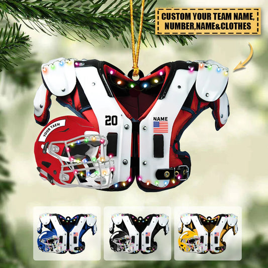 Personalized American Football Christmas Ornament, Custom Football Helmet & Shoulder Pads Acrylic Keepsake, Gift for Player Son Grandson Dad
