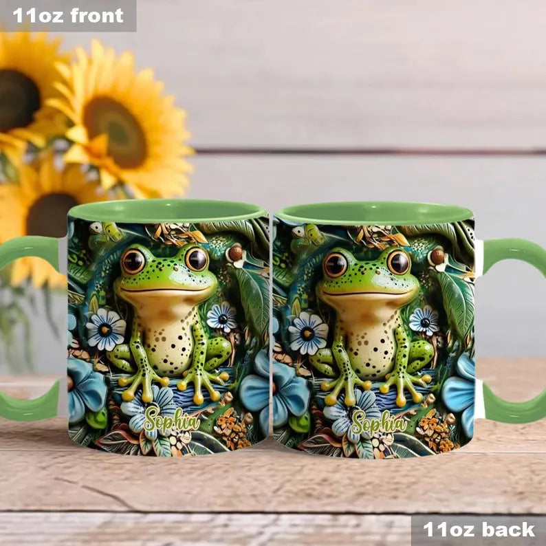 Personalized Frog Accent Mug, Custom Cute Frog Ceramic Coffee Cup, Gift for Frog Lover Women Mom Friend, Mother’s Day Birthday Gift