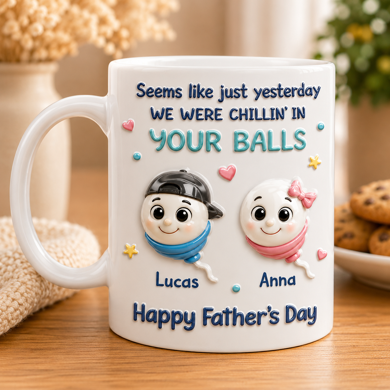 Personalisierte Vatertags-Tasse von Kindern – Lustiges „Wir waren in deinen Eiern und haben gechillt“-Geschenk für Papa