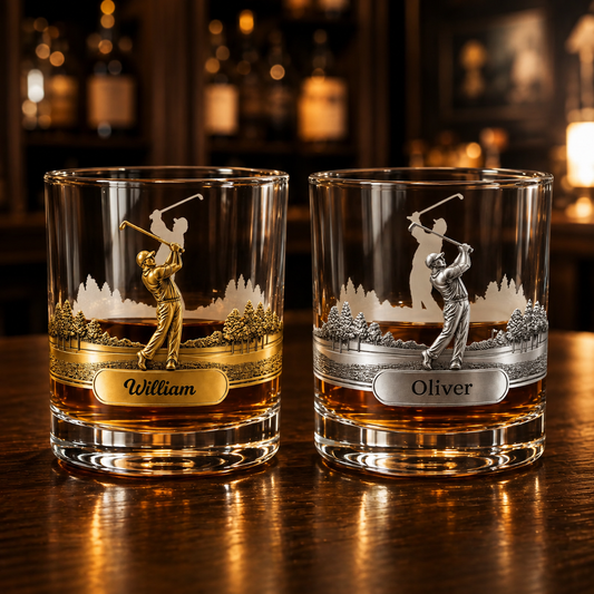 Personalized Golf 3D Effect Swing Whisky Glass, Custom Name 10 oz Old Fashioned Glass, Golf Lover Gift for Dad Husband Men