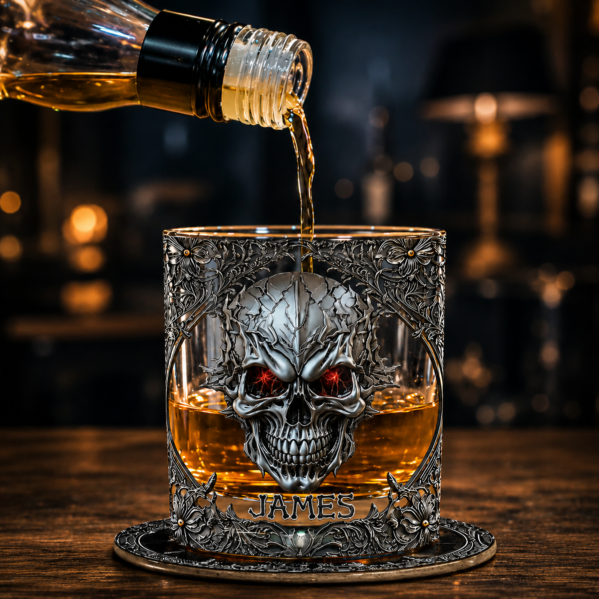 Personalized Skull 3D Effect Whiskey Glass, Custom Name Gothic Drinking Glass, Cool Skull Bourbon Glass Gift for Men