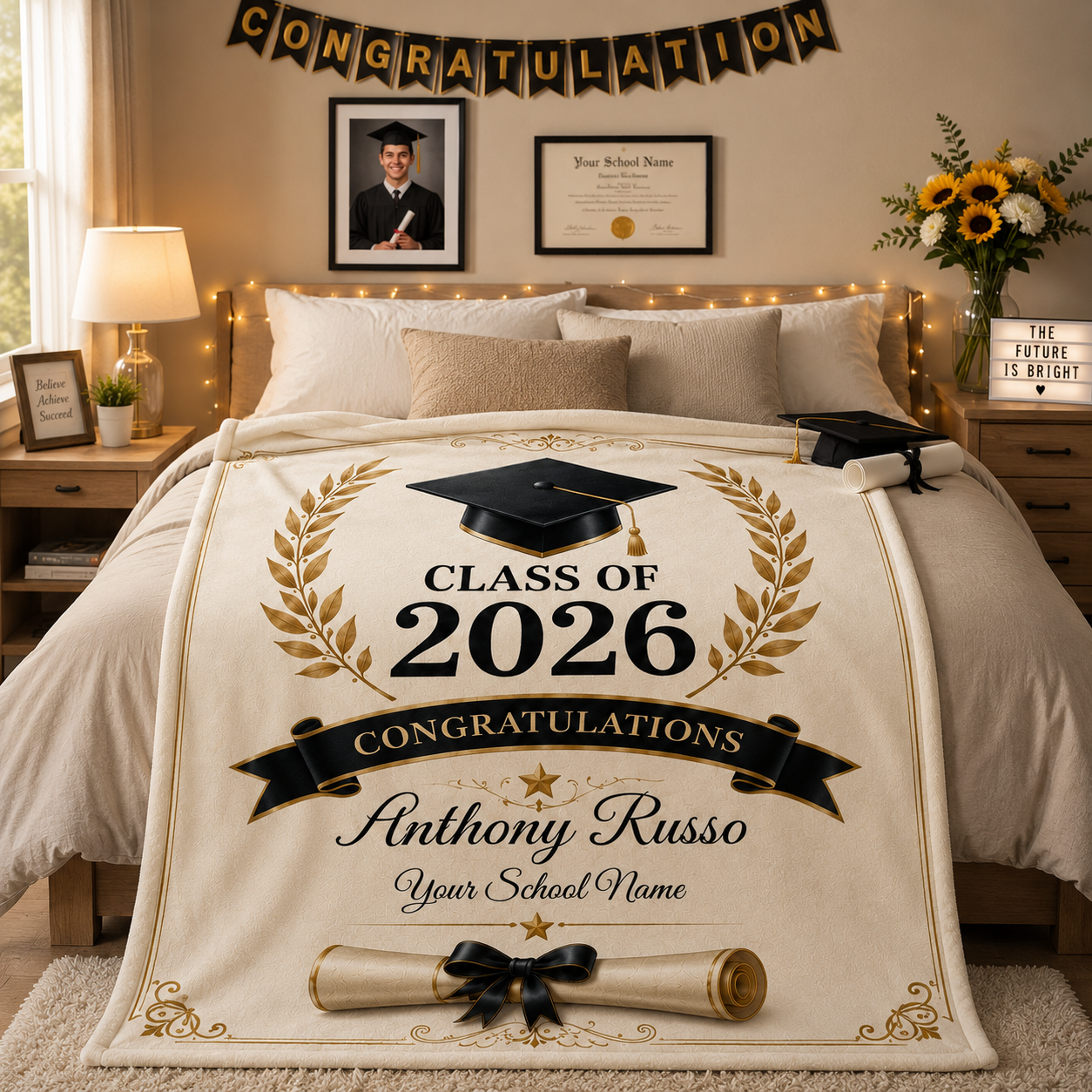 Personalized Graduation Blanket Class of 2026, Custom Senior Graduation Fleece Blanket with Name & School, Graduation Gift for High School College Graduate