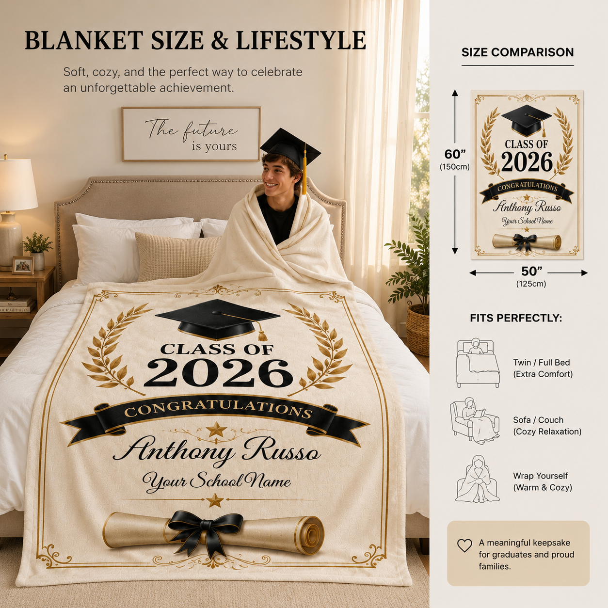 Personalized Graduation Blanket Class of 2026, Custom Senior Graduation Fleece Blanket with Name & School, Graduation Gift for High School College Graduate