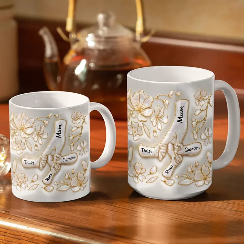 Personalized Mom Grandma 3D Effect Mug with Names, Custom Hand in Hand Nacre Ceramic Cup, Mother’s Day Gift for Mom Grandma Nana