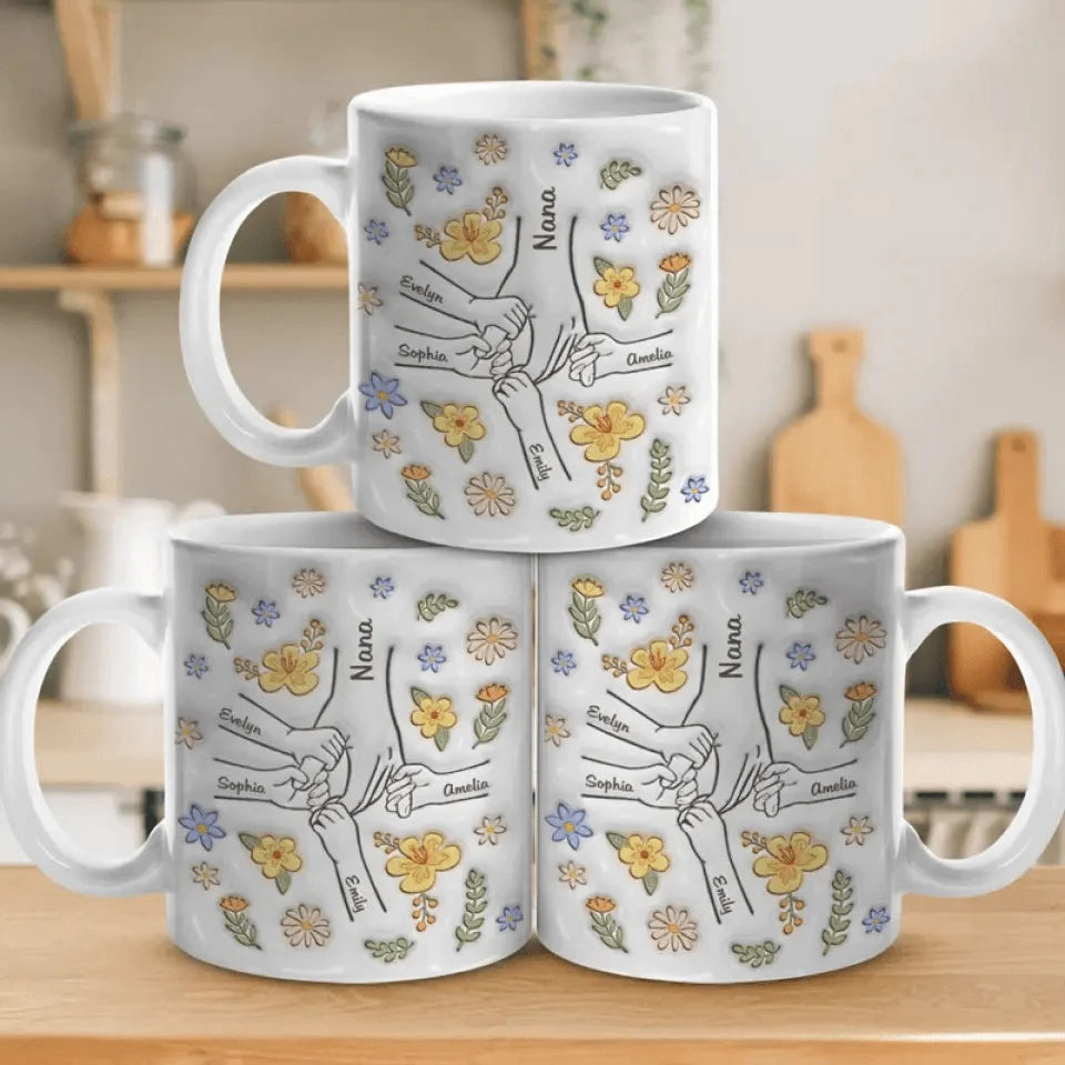 Personalized Mom Mug 3D Effect  with Names, You Hold Our Hands Also Our Hearts Ceramic Cup, Mother’s Day Gift for Mom Grandma Wife