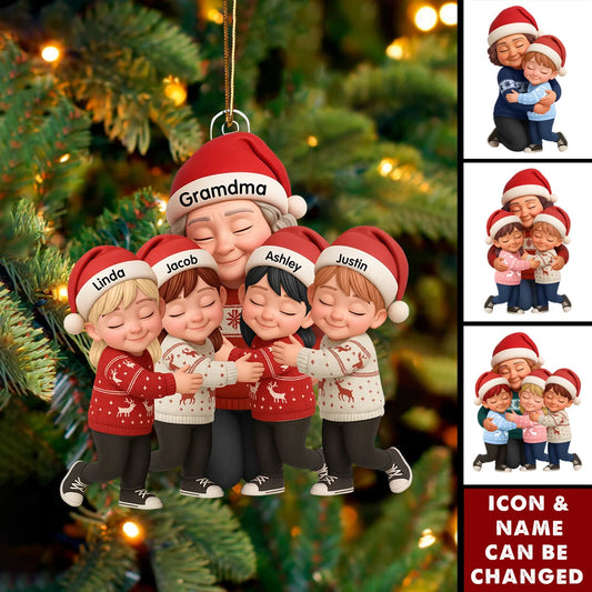 Personalized Grandma Grandkids Christmas Ornament, Custom Hugging Family Acrylic Keepsake, Heartwarming Gift for Grandma Nana Grandchildren