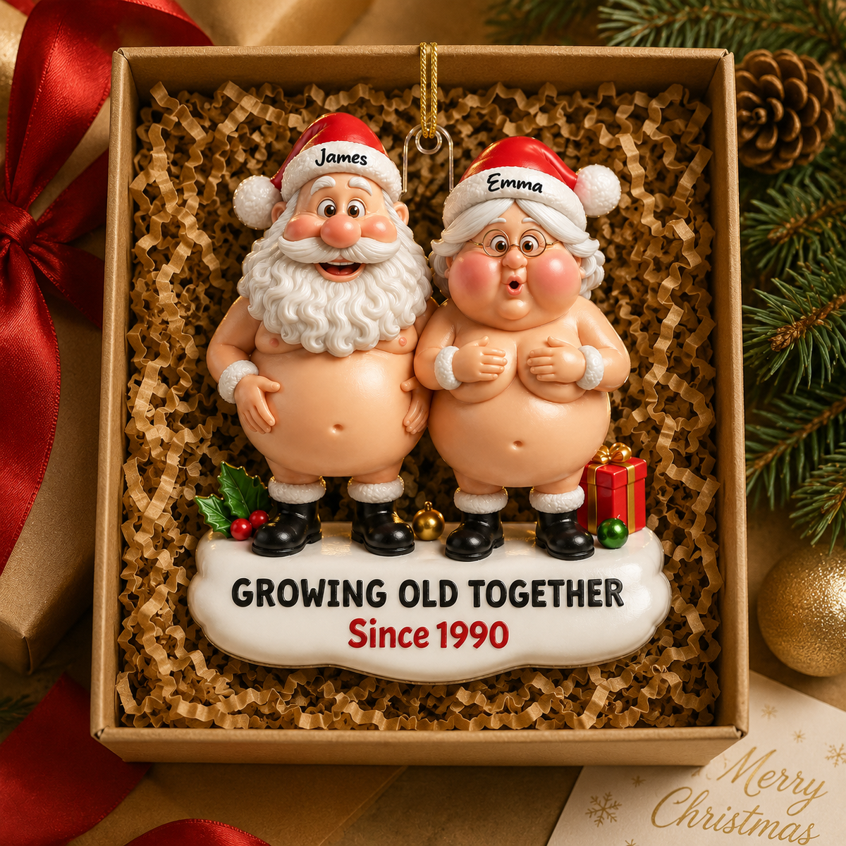 Funny Personalized Christmas 3D Couple Ornament, Custom Mr & Mrs Claus Acrylic Ornament, Growing Old Together Since Keepsake, Christmas Gift for Couples