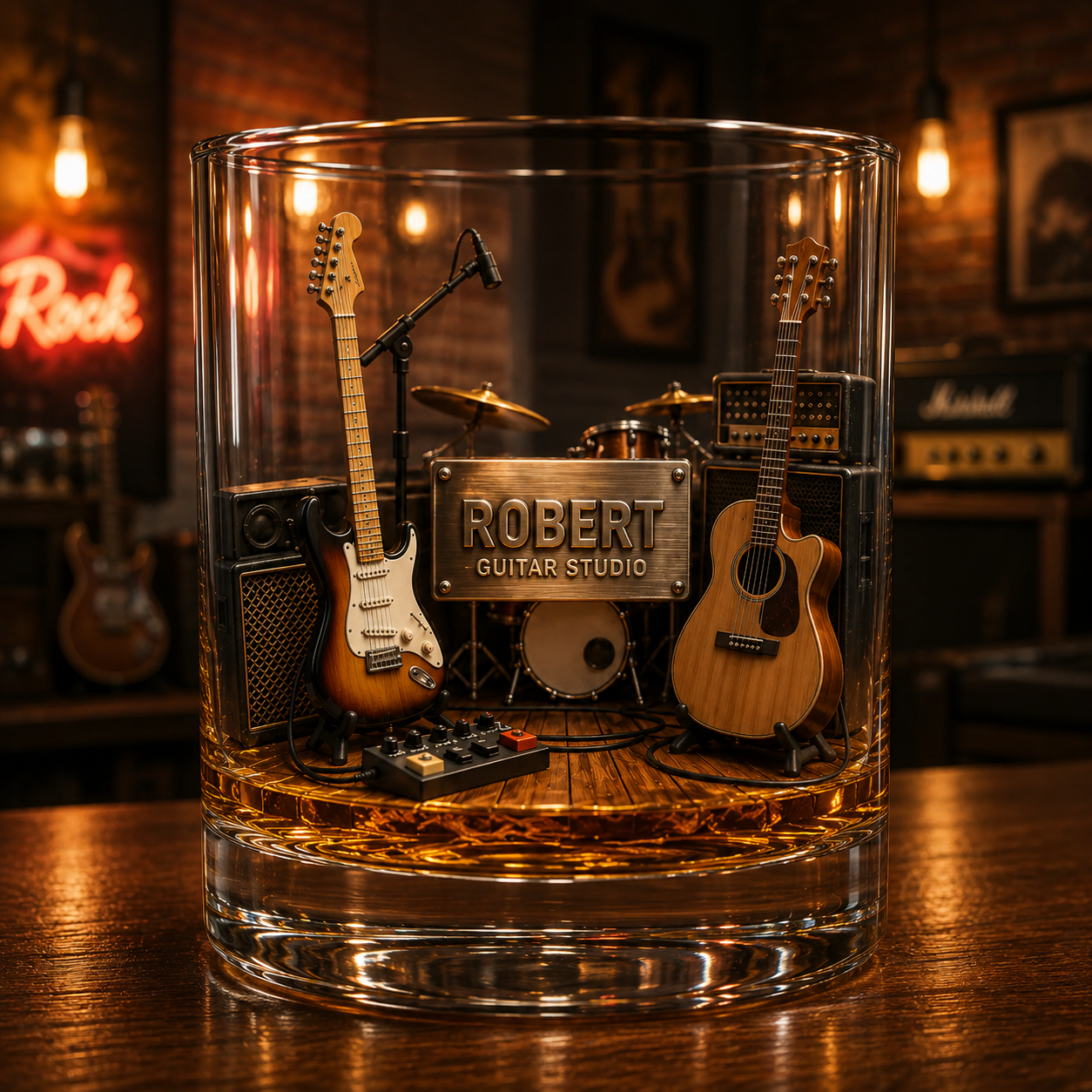 Personalized Guitar Studio Whiskey Glass 3D Effect with Name, 10oz Old Fashioned Glass Gift for Guitarists, Musicians & Music Lovers