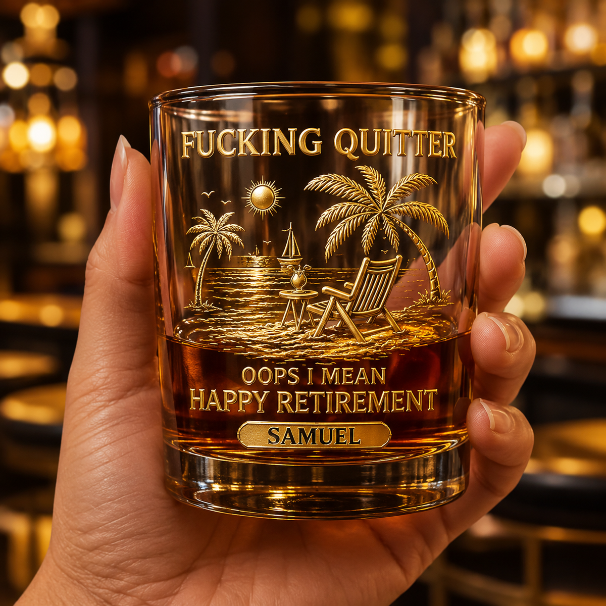 F*cking Quitter Oops 3D Effect I Mean Happy Retirement Whiskey Glass, Funny Retirement Whiskey Glass, Personalized Retirement Gift