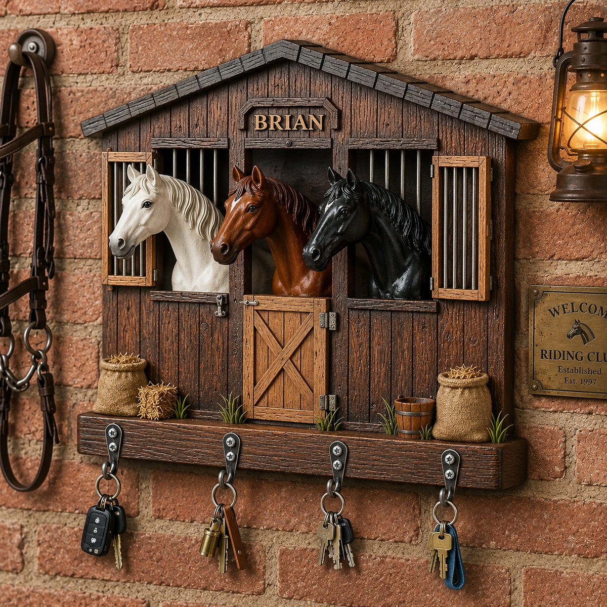Personalized Horse Barn 3D Effect Key Holder, Custom Name Horse Stable Wall Hanging Rack, Wooden Equestrian Key Organizer Gift for Horse Lovers