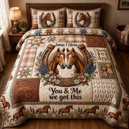 Personalized Horse Quilt Set, Custom Horse Lover Bedding Set, You & Me We Got This Quilt with Names