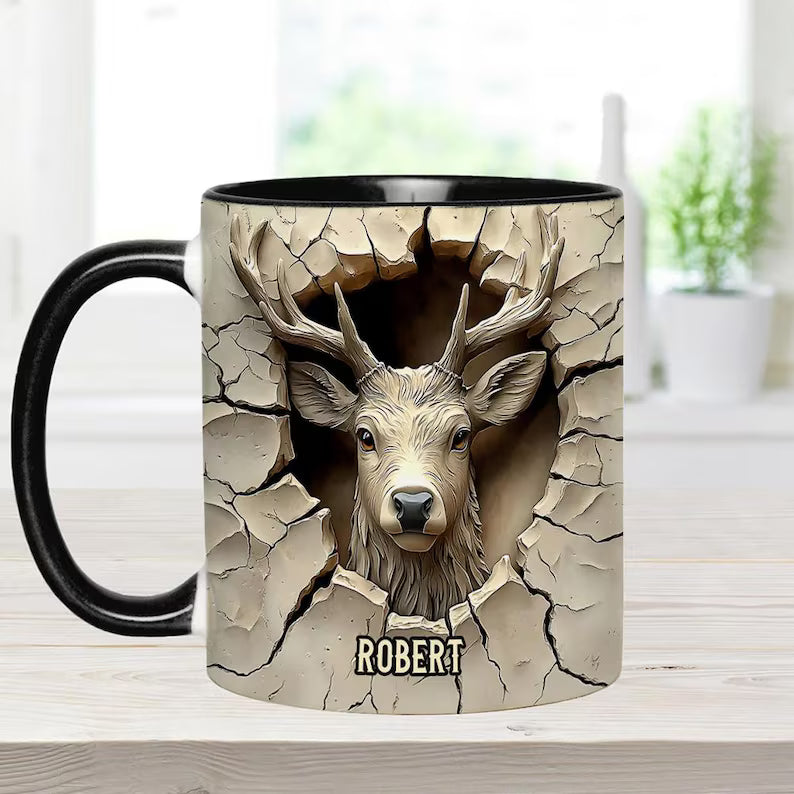 Personalized Deer Hunting Mug, Custom Embossed Effect Buck Ceramic Coffee Cup, Gift for Hunter Dad Husband Grandpa Outdoorsman