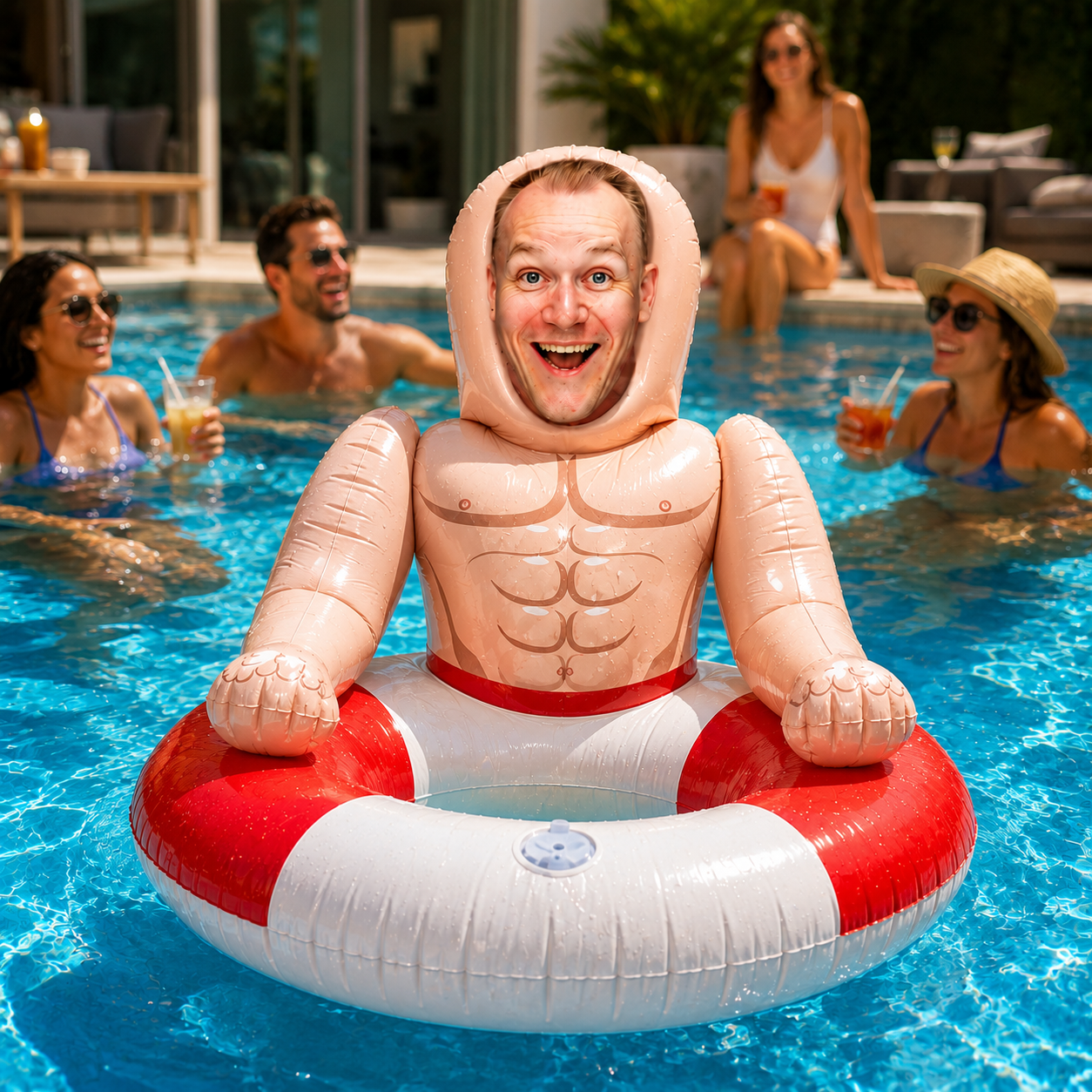 Personalized Face Pool Float with 3D Custom Photo, Funny Inflatable Pool Ring for Adults, Summer Pool Party & Beach Gift, Red Blue