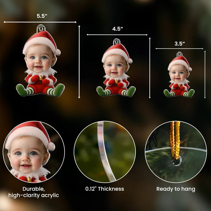 Personalized Kid Face Elf Christmas Ornament, Custom Baby Boy Girl Photo Acrylic Keepsake, Gift for Parents Grandparents