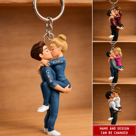Personalized Kissing 3D Effect Couple Acrylic Keychain, Custom Couple Hug Keychain with Names, Romantic Anniversary Gift for Him & Her