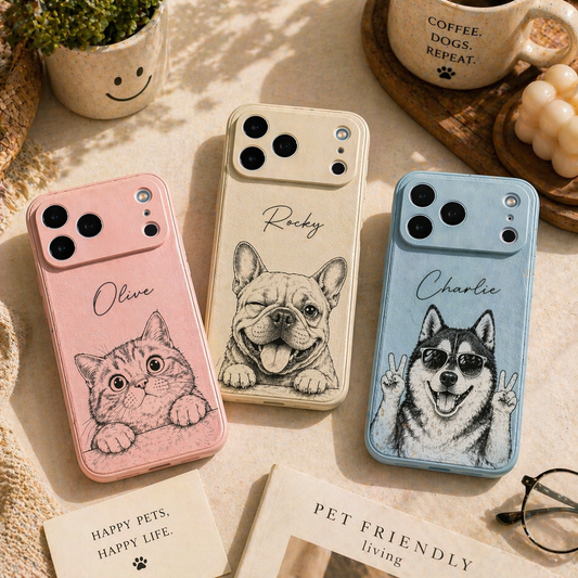 Personalisierte Leder-Handyhülle mit individuellem Haustierportrait – Ein bedeutungsvolles Geschenk für Hunde- & Katzenliebhaber