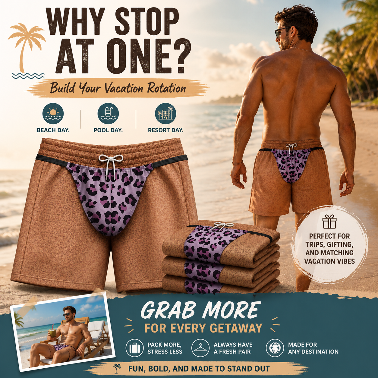 Personalized Leopard Print Thong 3D Hawaiian Beach Shorts, Funny Custom Swim Trunks for Men, Novelty Summer Gift for Him