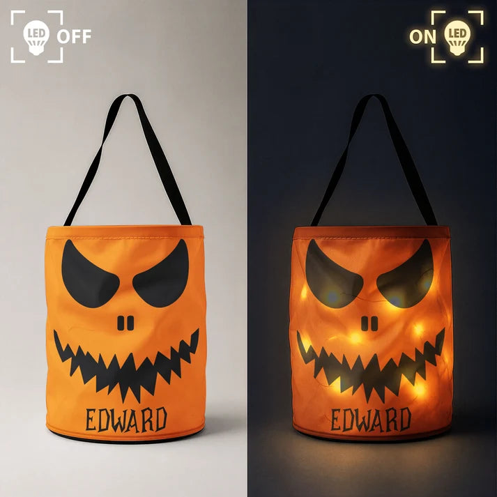 Personalized Halloween Candy Bag for Kids, Scary Pumpkin Face LED Trick or Treat Basket, Light Up Halloween Tote for Boys Girls