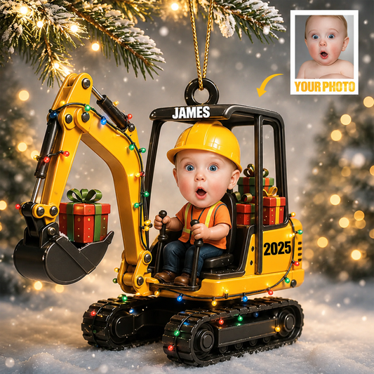Personalized Kid Excavator 3D Effect Ornament, Custom Photo Construction Vehicle Acrylic Ornament with Name, Excavator Christmas Ornament, Gift for Boys