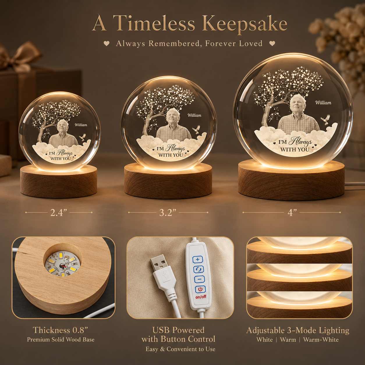 Papa Gedenk-Kristallkugel-Lampe – personalisiertes Foto-Erinnerungsgeschenk