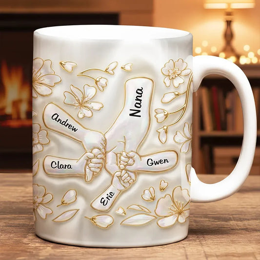 Personalized Mom Grandma 3D Effect Mug with Names, Custom Hand in Hand 3D Nacre Effect Ceramic Cup, Mother’s Day Gift for Mom Grandma Nana