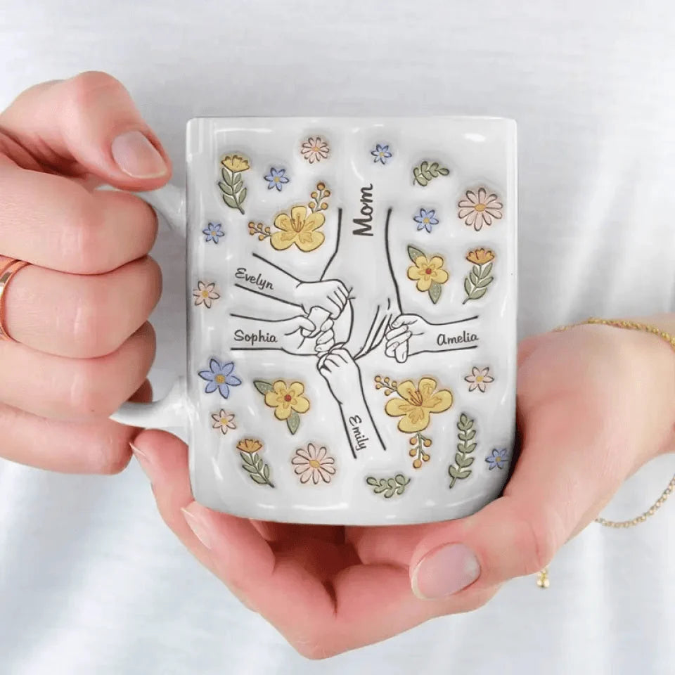 Personalized Mom Mug 3D Effect  with Names, You Hold Our Hands Also Our Hearts Ceramic Cup, Mother’s Day Gift for Mom Grandma Wife