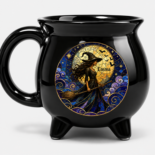 Personalized Moonlit Witch Cauldron Coffee Mug, Custom Witch Name Mug, Halloween Ceramic Cauldron Cup Gift for Her