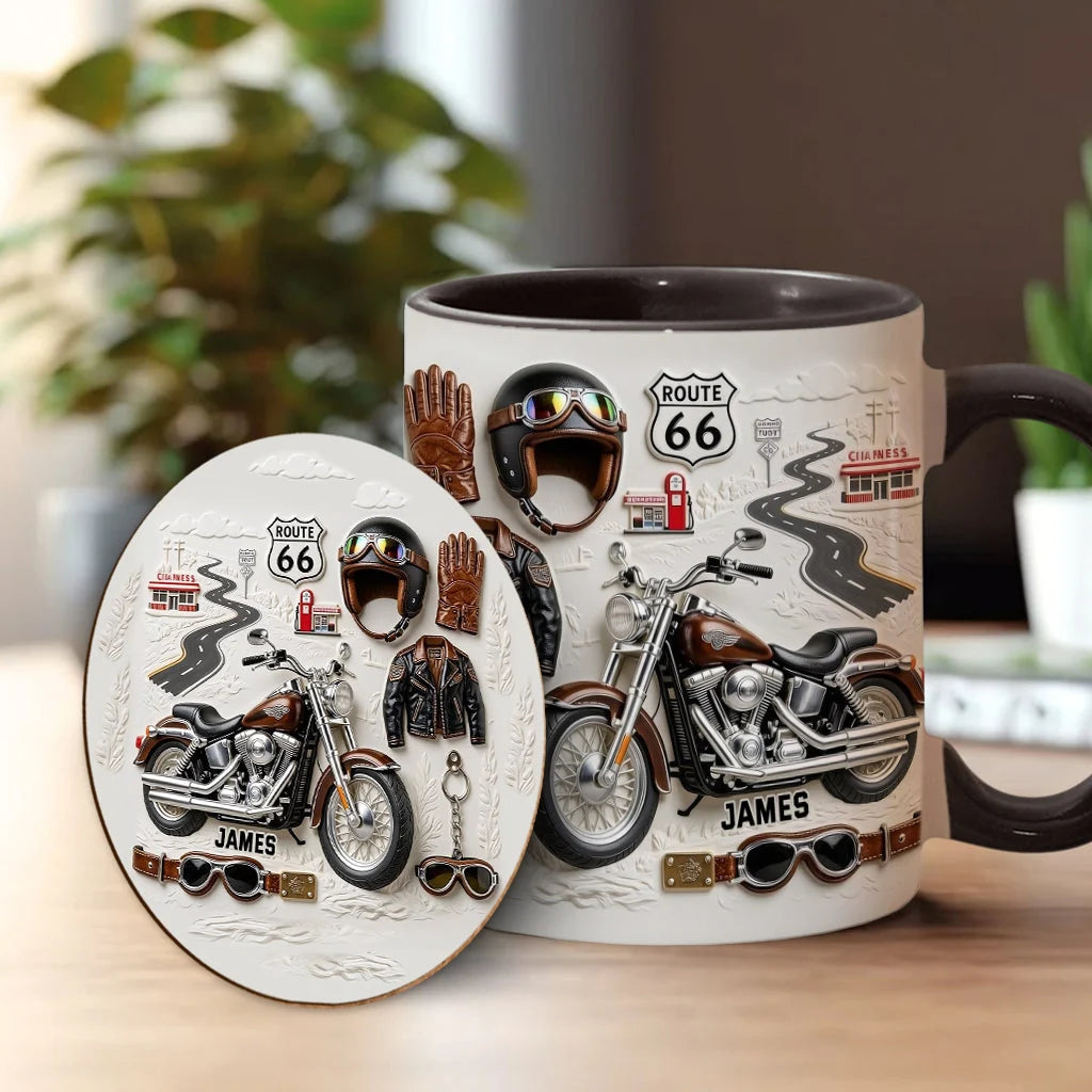 Personalized Motorcycle Biker Accent Mug, Custom 11oz Ceramic Coffee Cup with Stirrer, Gift for Biker Dad Husband Motorcycle Rider