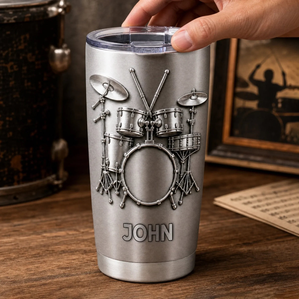 Personalized Drummer Tumbler, Drums Are My Therapy Custom Brushed Silver Cup, 3D Effect Gift for Drummer Musician Dad Husband