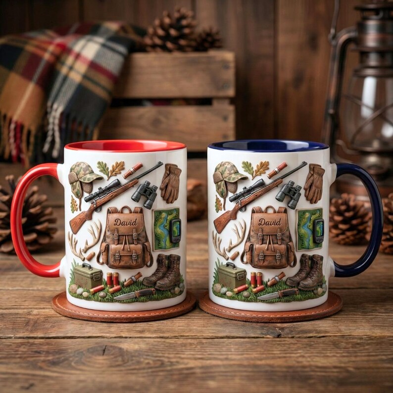 Personalized Hunting Mug with Name, Custom Hunter Ceramic Coffee Cup, Nature Lover Gift for Dad Grandpa Husband, Father’s Day Gift