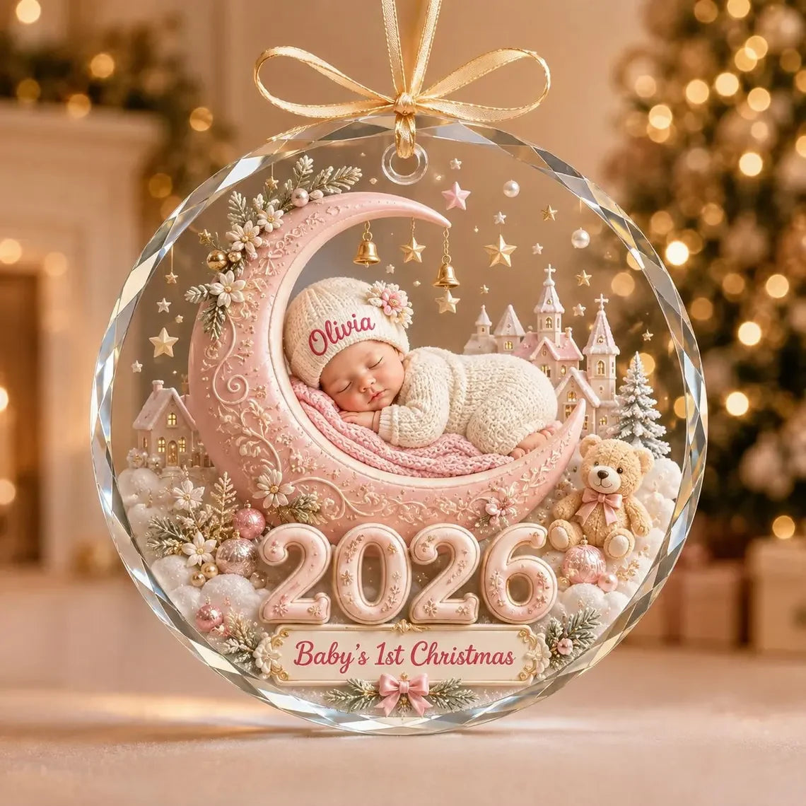 Personalized Baby First Christmas Crystal Ornament with Name, Custom 2026 Sleeping Baby Moon Keepsake, Newborn Gift for Parents Grandparents