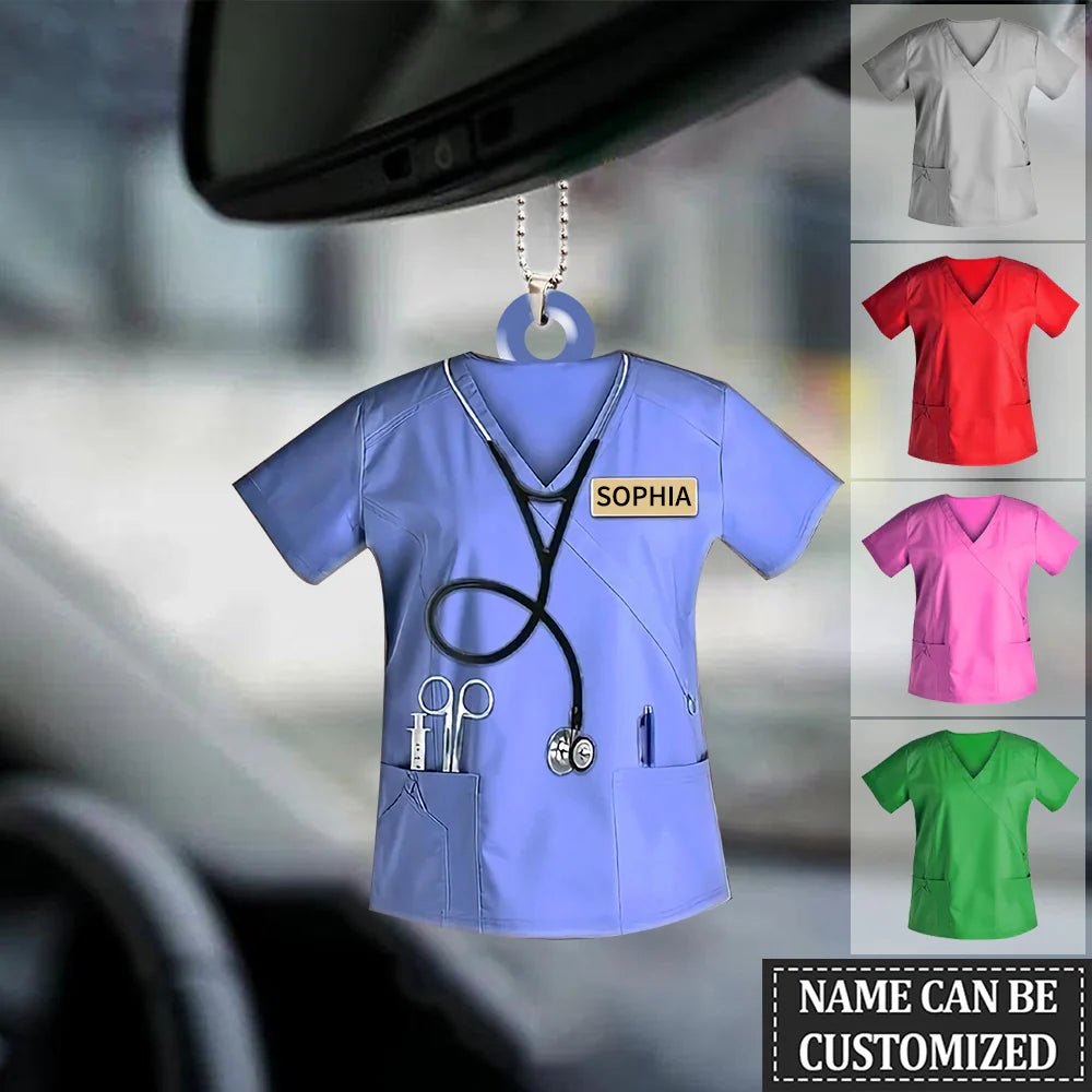 Personalized Nurse Scrubs 3D Effect Car Ornament with Name, Custom RN Uniform Hanging Charm, Gift for Registered Nurse Nursing Student