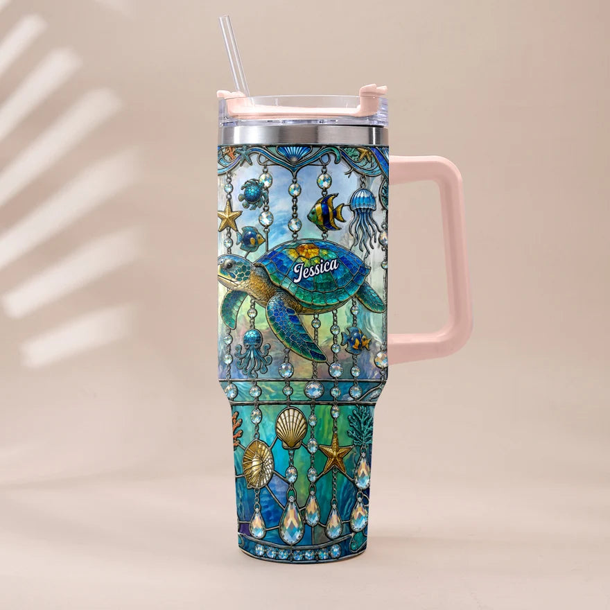 Personalized Ocean Turtle 40oz Tumbler with Handle, Custom Sea Turtle Stainless Steel Travel Cup with Straw, Gift for Turtle Lovers Women Men