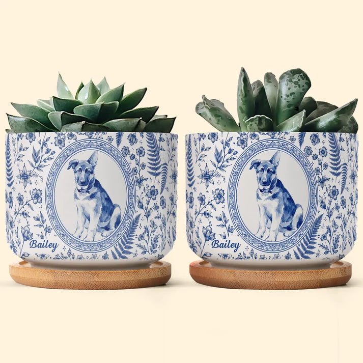 Personalized Pet Portrait Planter, Custom Dog Cat Memorial Ceramic Plant Pot with Bamboo Tray, Pet Loss Remembrance Gift for Pet Lover