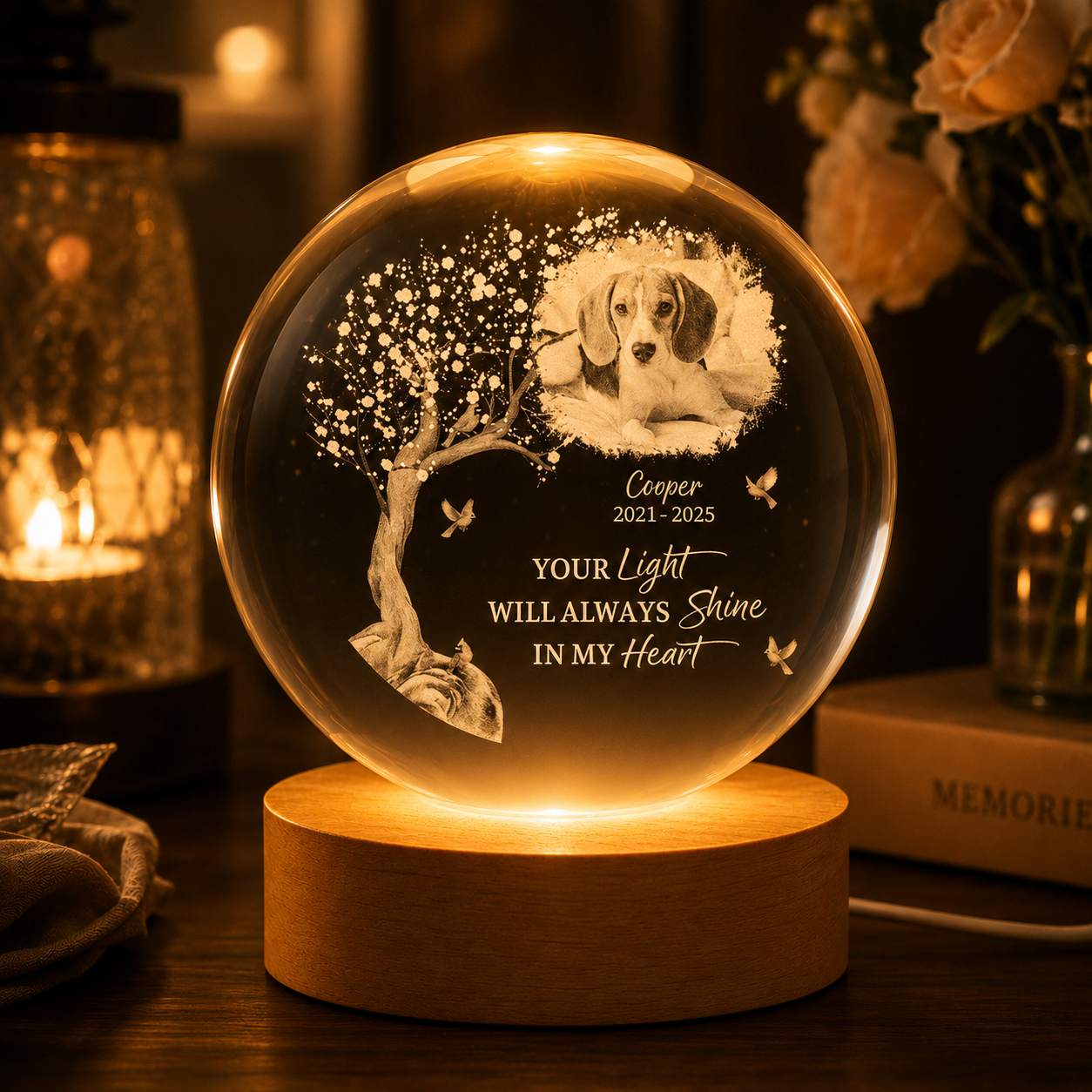 Personalisierte Haustier-Erinnerungs-Kristallkugel-Lampe – individuelles Foto-Andenken