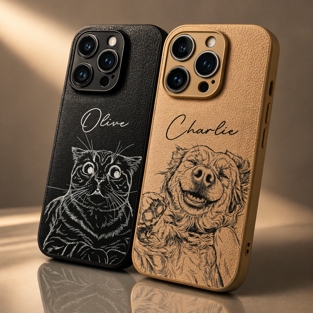 Personalized Leather Phone Case with Custom Pet Portrait — A Meaningful Gift for Dog & Cat Lovers