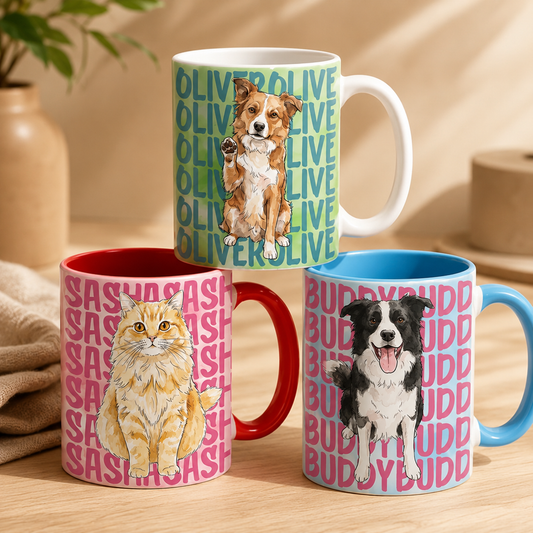 Personalized Pet Portrait Mug, Custom Dog Cat Photo & Name Watercolor Coffee Mug, Pet Lover Gift for Mom Dad