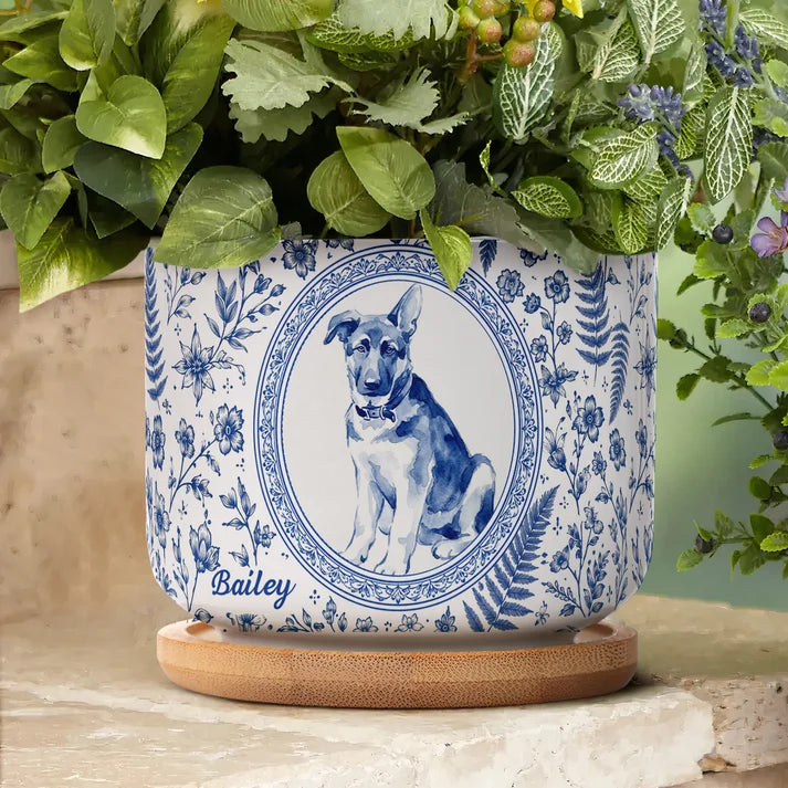 Personalized Pet Portrait Planter, Custom Dog Cat Memorial Ceramic Plant Pot with Bamboo Tray, Pet Loss Remembrance Gift for Pet Lover
