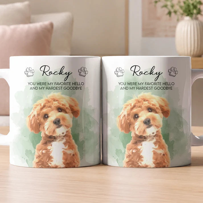 Personalized Pet Memorial Mug from Photo, Custom Watercolor Dog Cat Portrait Coffee Cup, Rainbow Bridge Sympathy Gift for Pet Loss