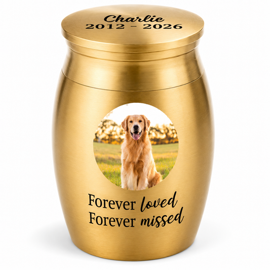 Photo Mini Urn for Loss of Dog/Cat – Personalized Pet Memorial Keepsake Urn with Picture, Name & Years