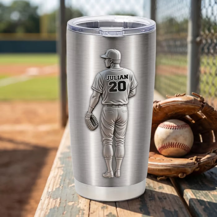 Personalized Baseball Tumbler with Player Name & Number, Hit A Home Run Custom 3D Effect Cup, Gift for Baseball Player Dad Son Coach