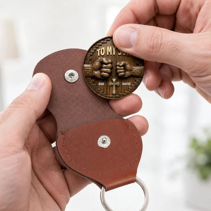 Personalized Pocket Hug for Son Grandson, To My Son My Boy Stainless Steel Token with PU Leather Holder, Gift from Mom Dad Grandma Grandpa