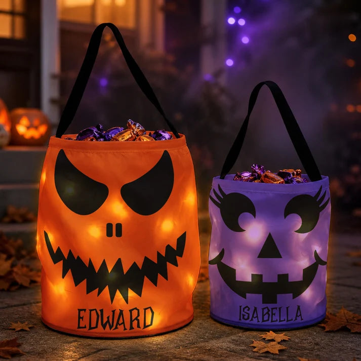 Personalized Halloween Candy Bag for Kids, Scary Pumpkin Face LED Trick or Treat Basket, Light Up Halloween Tote for Boys Girls