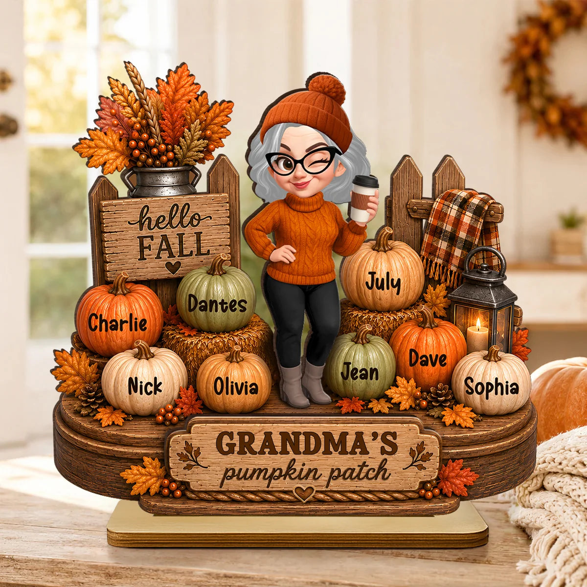 Personalized Grandma Pumpkin Patch Wooden Plaque with Grandkids Names, Custom 2-Layer Fall Decor, Thanksgiving Gift for Grandma Nana